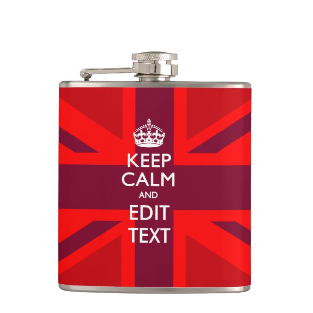 Red Keep Calm And Your Text on Union Jack Flag Hip Flask (Front)