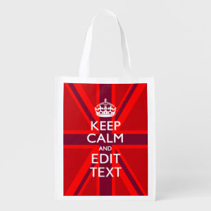 Red Keep Calm And Your Text on Union Jack Flag Reusable Grocery Bag