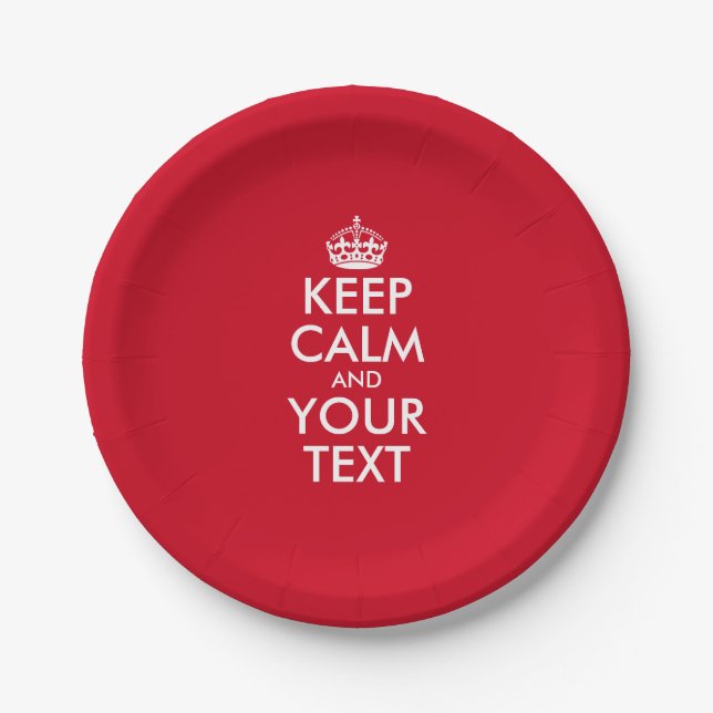 Red Keep calm and your text paper plates (Front)