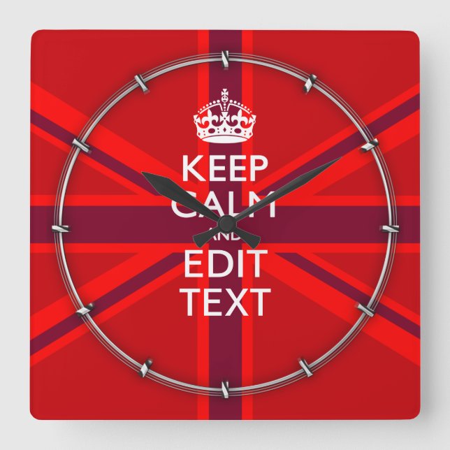 Red Keep Calm Have Your Text on Union Jack Flag Square Wall Clock (Front)