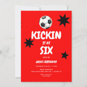 Red Kickin it at Six Soccer 6th Birthday Party Invitation