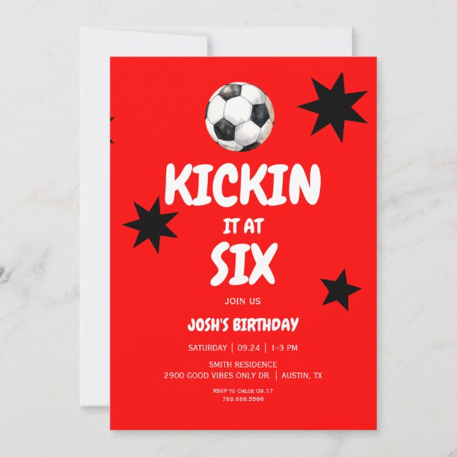 Red Kickin it at Six Soccer 6th Birthday Party Invitation (Front)