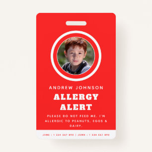 Red Kid Student Photo Food Allergy Alert Emergency ID Badge