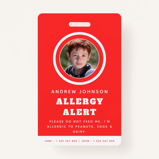 Red Kid Student Photo Food Allergy Alert Emergency ID Badge (Front)