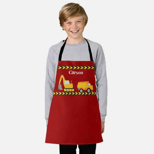 Red Kids Construction Vehicle Custom Boys Apron (Worn)