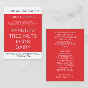 Red Kid's Personalised Food Allergy Alert Card