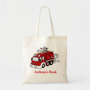 Red Kids Personalised Name Fire Engine Tote Bag