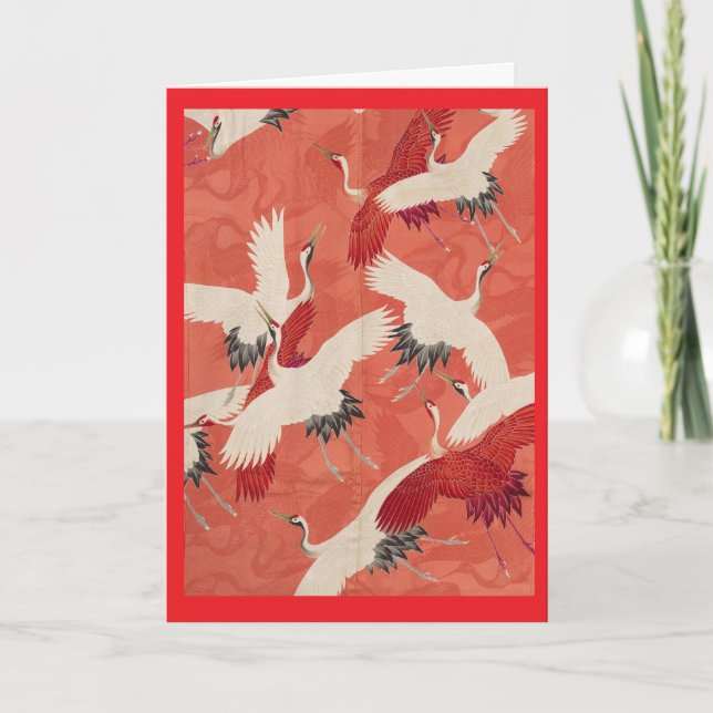 Red Kimono Flying Cranes Customisable Gold Thank You Card (Front)
