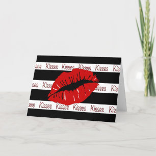 Red Kiss Lips B/W Stripes Greeting Card