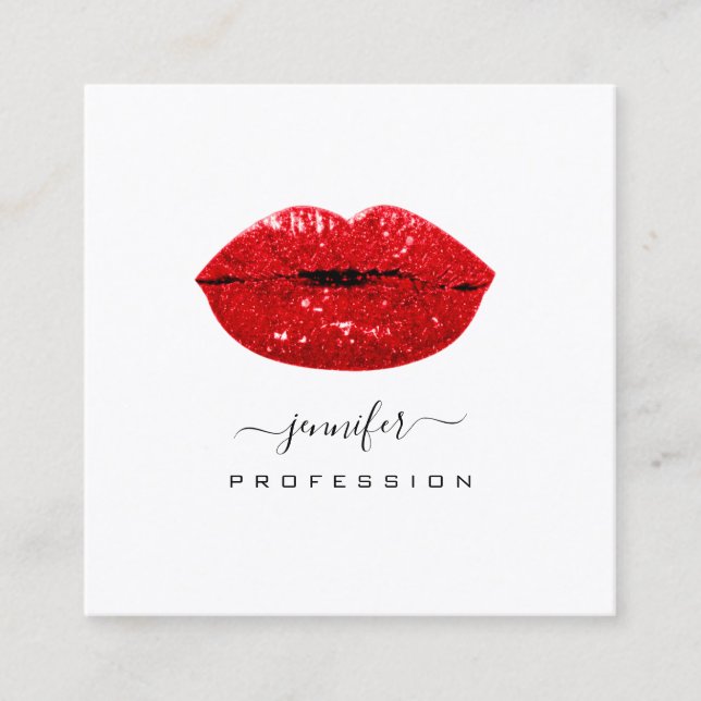Red  KISS LIPS Makeup Artist White Social Media Square Business Card (Front)