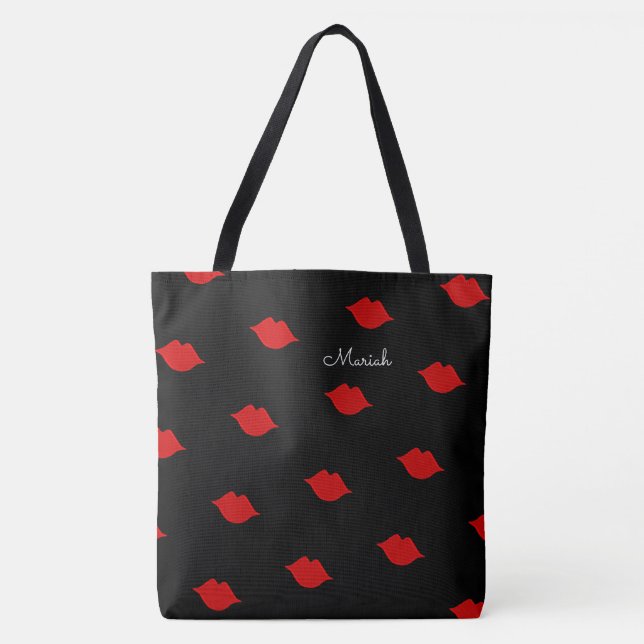 red kisses with your name on black tote bag (Front)