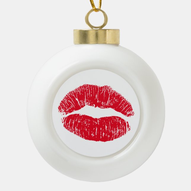 Red Kissing Lips Ceramic Ball Christmas Ornament (Front)