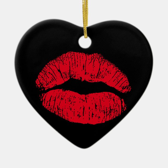 Red Kissing Lips on Black Ceramic Tree Decoration (Front)