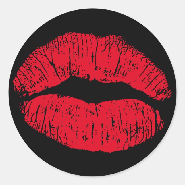 Red Kissing Lips on Black Classic Round Sticker (Front)