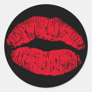Red Kissing Lips on Black Classic Round Sticker