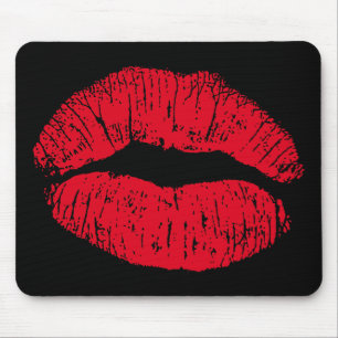 Red Kissing Lips on Black Mouse Mat