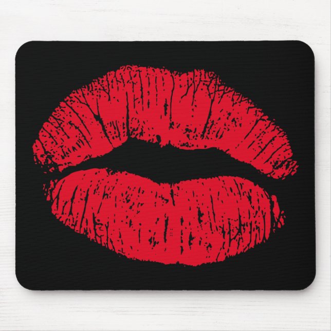 Red Kissing Lips on Black Mouse Mat (Front)