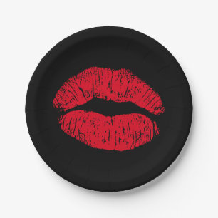 Red Kissing Lips on Black Paper Plate