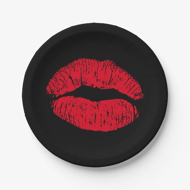 Red Kissing Lips on Black Paper Plate (Front)