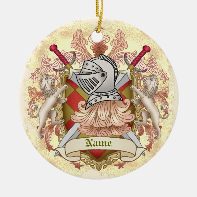 Red Knight Family Crest Surname Ceramic Tree Decoration (Front)