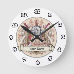 Red Knight Family Crest Surname Round Clock