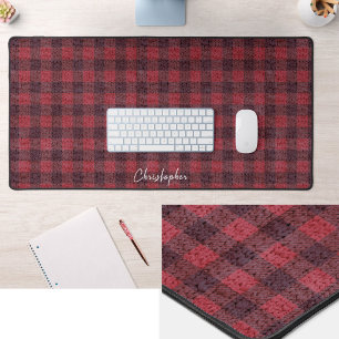 Red Knit Buffalo Plaid Custom Name Desk Mat