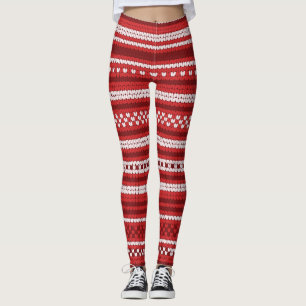 Red Knitted Fair-isle Sweater Knit Look Holiday Leggings