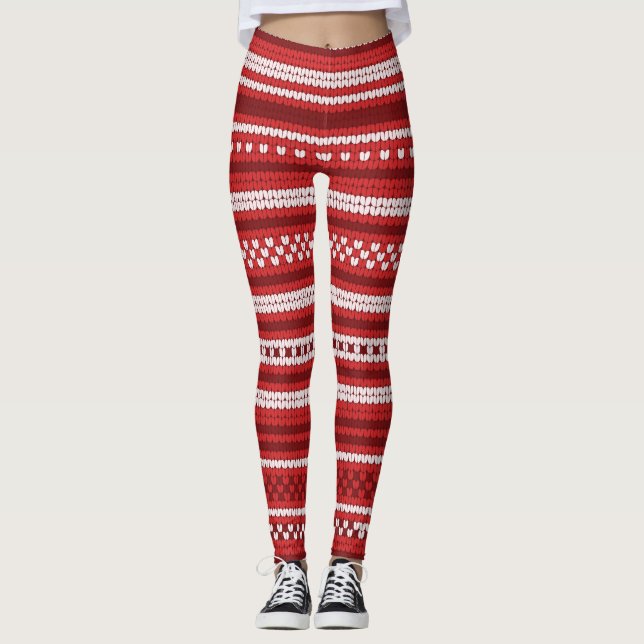 Red Knitted Fair-isle Sweater Knit Look Holiday Leggings (Front)