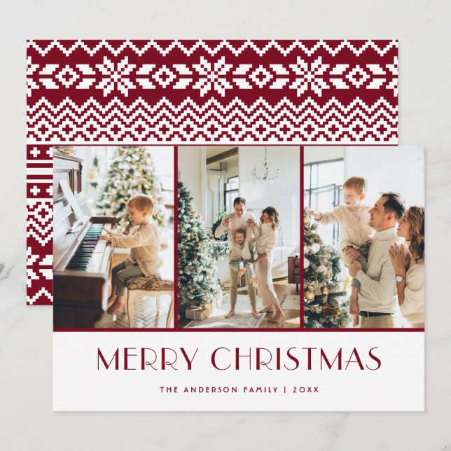 Red Knitted Photo Collage Merry Christmas Holiday Card (Front/Back)