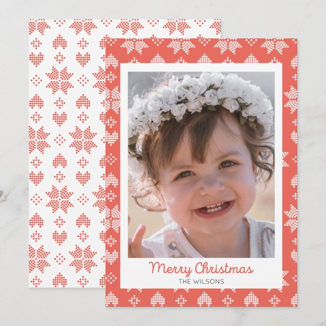 Red Knitted Sweater Pattern Photo Christmas Card (Front/Back)