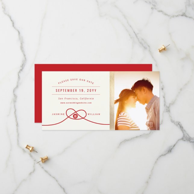 Red Knot Double Happiness Chinese Wedding Photo Save The Date (Front/Back In Situ)