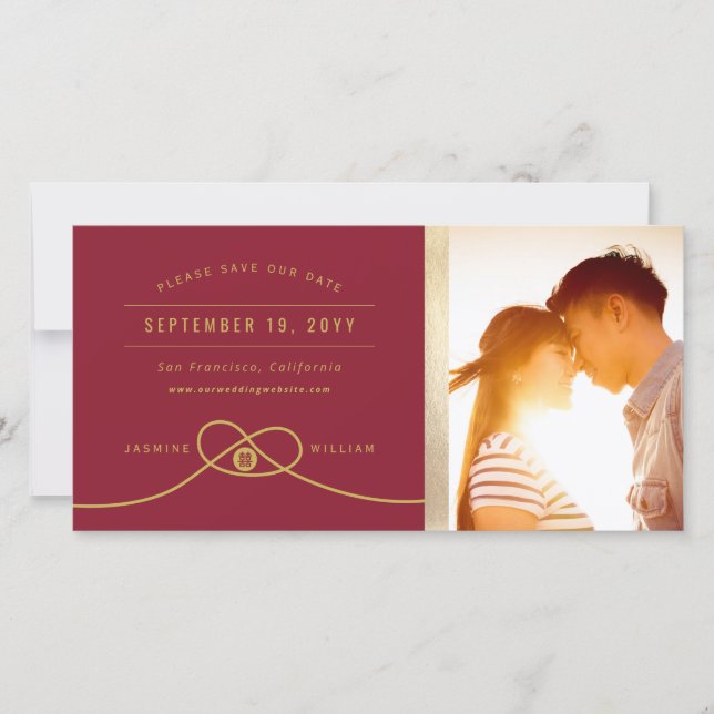 Red Knot Double Happiness Chinese Wedding Photo Save The Date (Front)