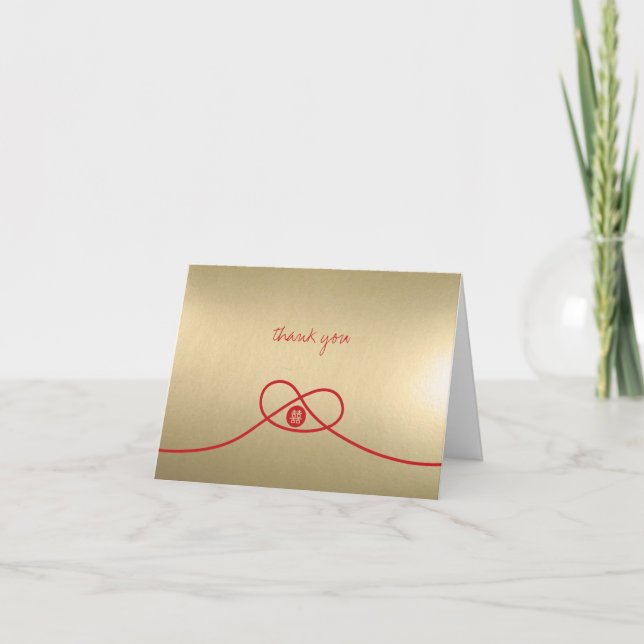 Red Knot Double Happiness Golden Chinese Wedding Thank You Card (Front)