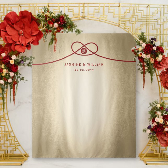 Red Knot Double Happiness Wedding Photo Backdrop Tapestry (Red Knot on Gold Double Happiness Chinese Wedding Photo Backdrop Tapestry @ fatfatin_red_knot)
