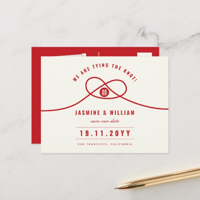 Red Knot Double Xi Chinese Wedding Save The Date Announcement Postcard (Front/Back In Situ)