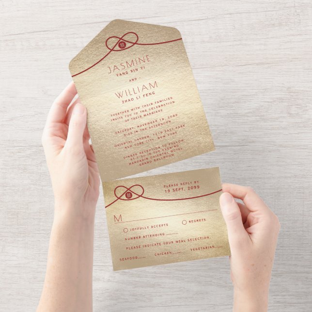 Red Knot Union Double Happiness Chinese Wedding All In One Invitation (Tearaway)