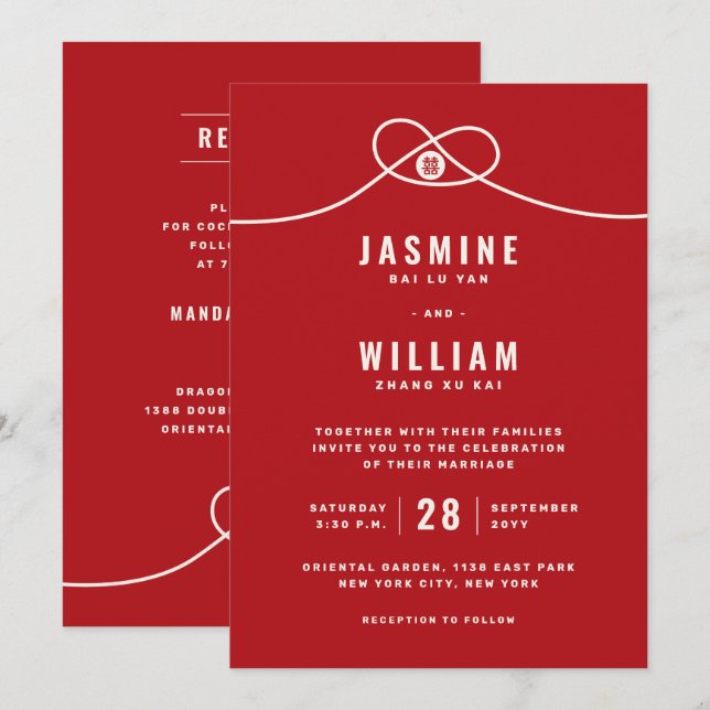 Red Knot Union Double Happiness Chinese Wedding Invitation (Front/Back)