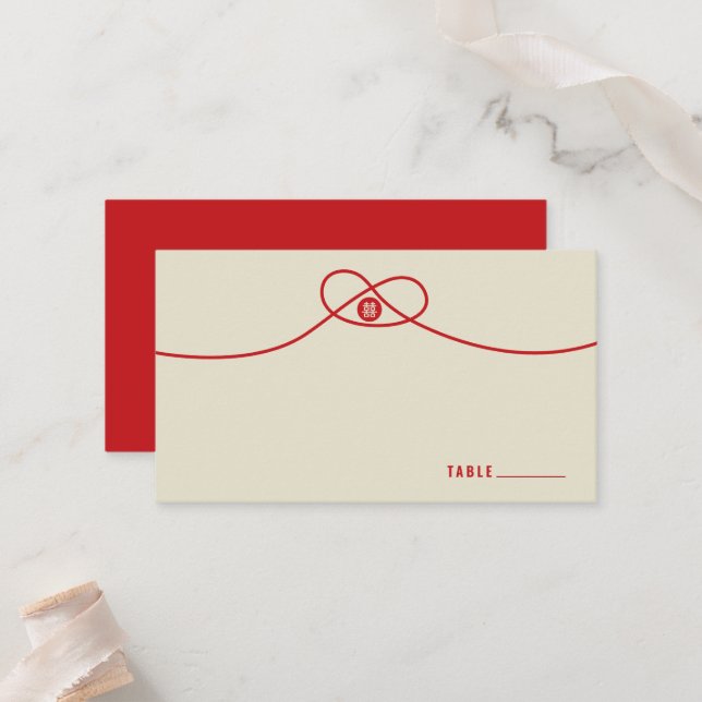 Red Knot Union Double Happiness Chinese Wedding Place Card (Front/Back In Situ)