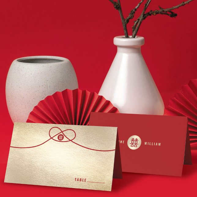 Red Knot Union Double Happiness Chinese Wedding Place Card (Red/Gold Knot Union Double Happiness Modern Stylish Chinese Wedding Place Card @ fatfatin_red_knot)