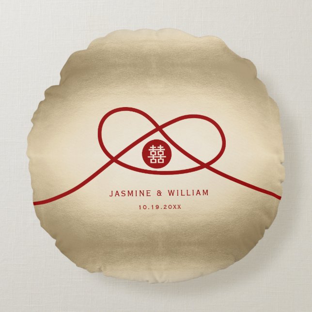 Red Knot Union Double Happiness Chinese Wedding Round Cushion (Front)