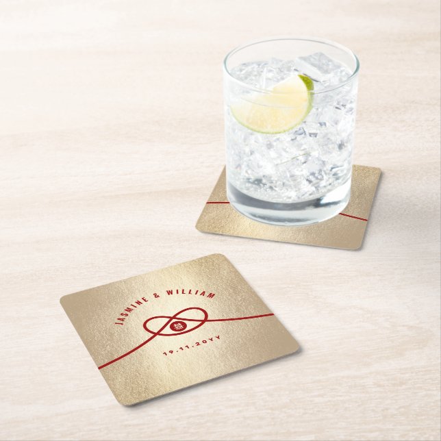 Red Knot Union Double Happiness Chinese Wedding Square Paper Coaster (Insitu)