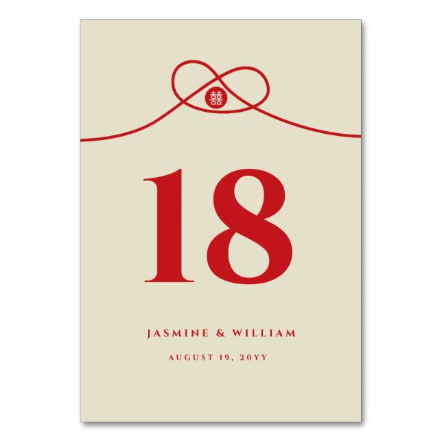 Red Knot Union Double Happiness Chinese Wedding Table Number (Front)