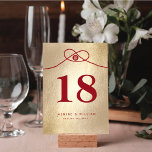 Red Knot Union Double Happiness Chinese Wedding Table Number<br><div class="desc">Simple Minimalist Red Knot Union Double Happiness On A Faux Matt Gold Foil Paper Background, Double Sided Chinese Wedding Table Number Card. Elegant double happiness in modern calligraphy writing within a red marriage knot (love & fate) design, on shiny faux gold foil paper. A stylish and classy asian themed wedding...</div>