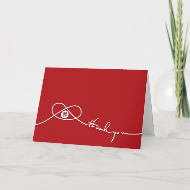 Red Knot Union Double Happiness Chinese Wedding Thank You Card (Front)