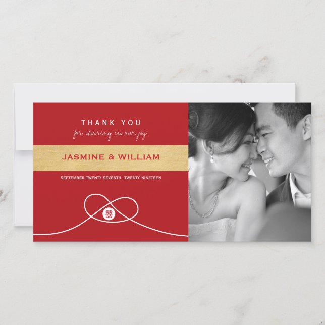 Red Knot Union Double Happiness Chinese Wedding Thank You Card (Front)