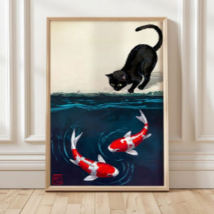 Red Koi Fish and Cat Print, Funny Japanese Art Pri Poster