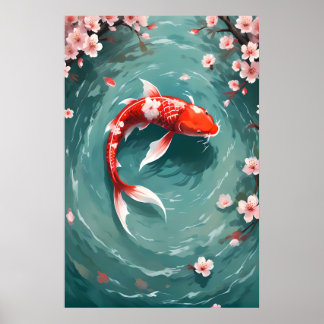 Red Koi Fish Vintage-Inspired Japanese Art Poster