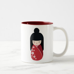 RED Kokeshi Doll - Cute Japanese Geisha Girl Two-Tone Coffee Mug