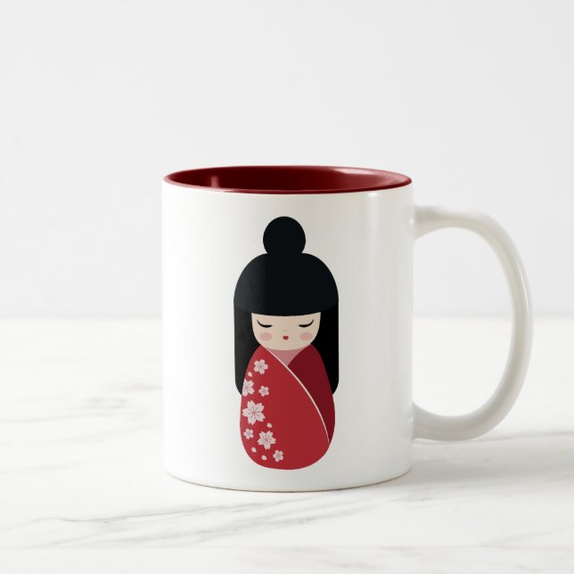 RED Kokeshi Doll - Cute Japanese Geisha Girl Two-Tone Coffee Mug (Right)