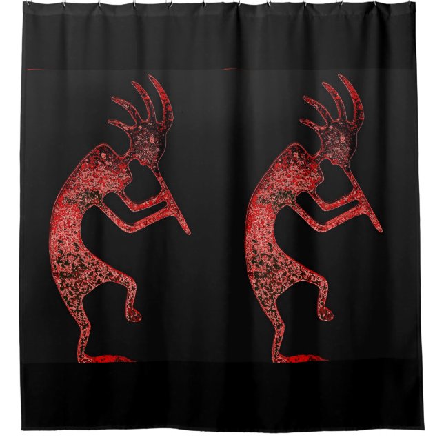 red kokopelli on black shower curtain (Front)